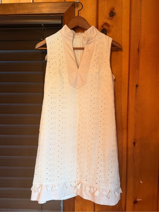 Eliza J Dresses & Skirts - Eliza J White Eyelet Sleeveless Shift Dress with Tassel Trim